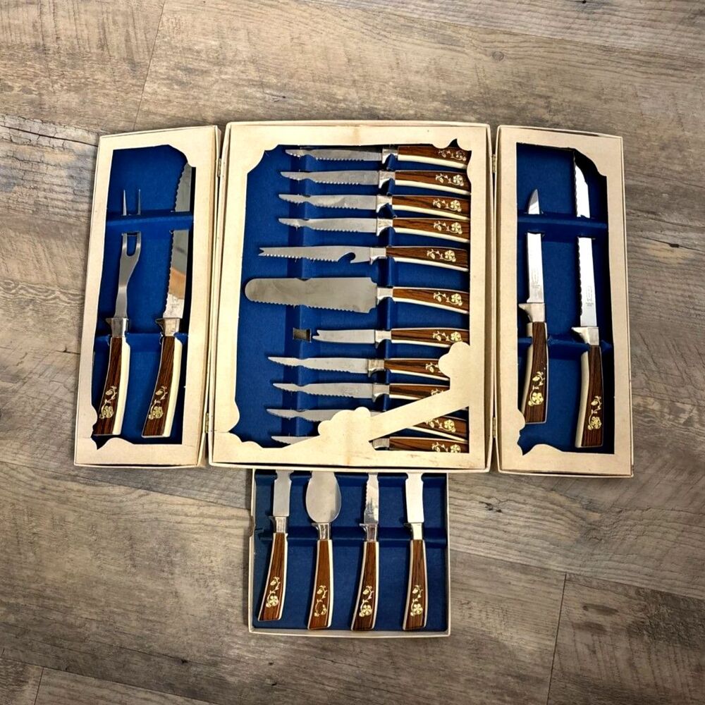 Vintage Sheffield English Blades 19 Pc Golden Prestige Cutlery Set NIB